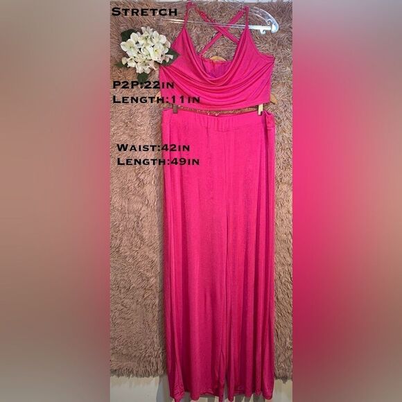 SHEIN S:2XL Hot Pink crop top w/ Wide Leg Pants cord Set with Butterfly Belt EUC - Picture 6 of 9